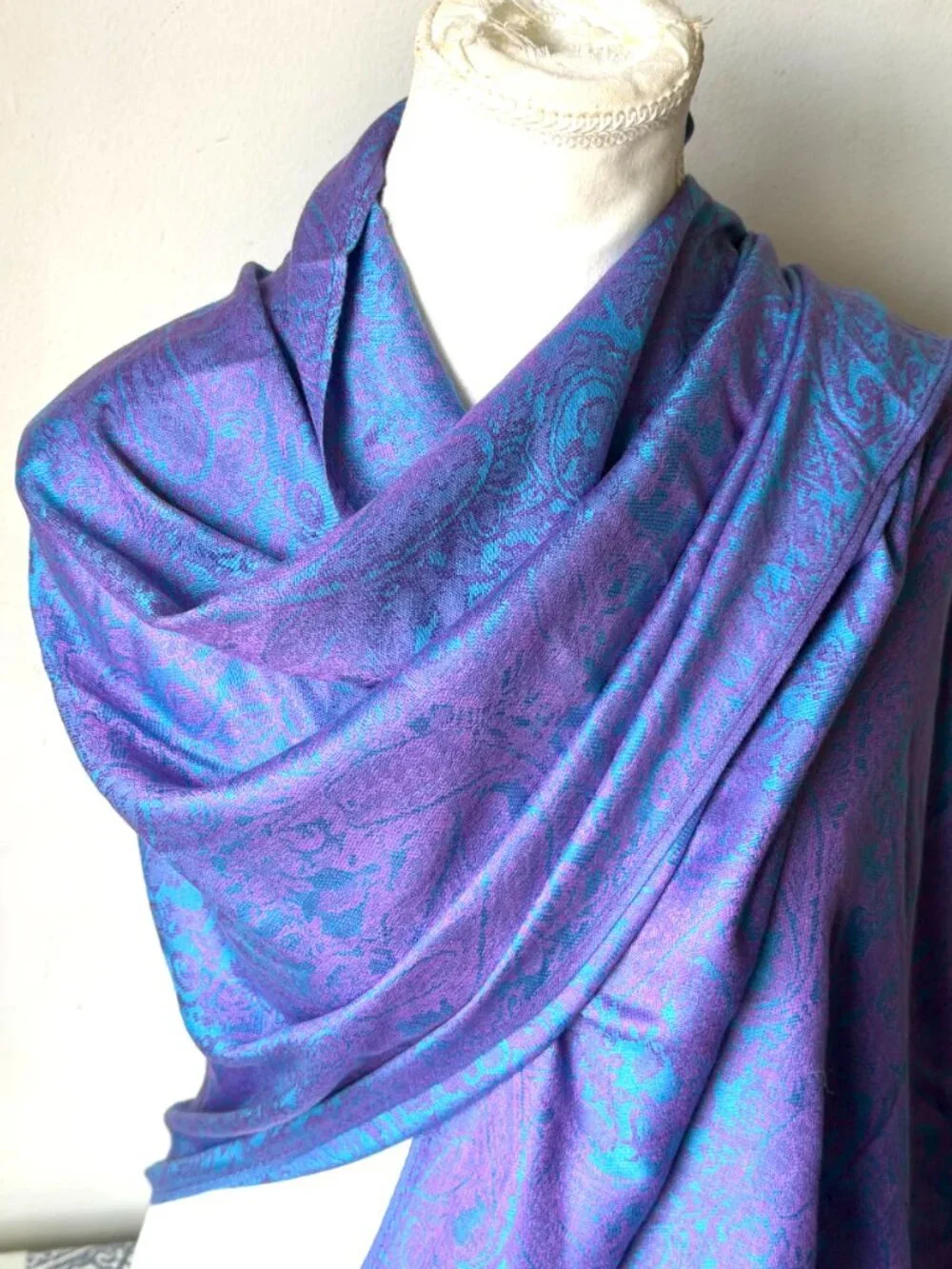 Boho Paisley Pashmina Shawl Scarf – Vibrant Purple & Turquoise Blue – Oversized